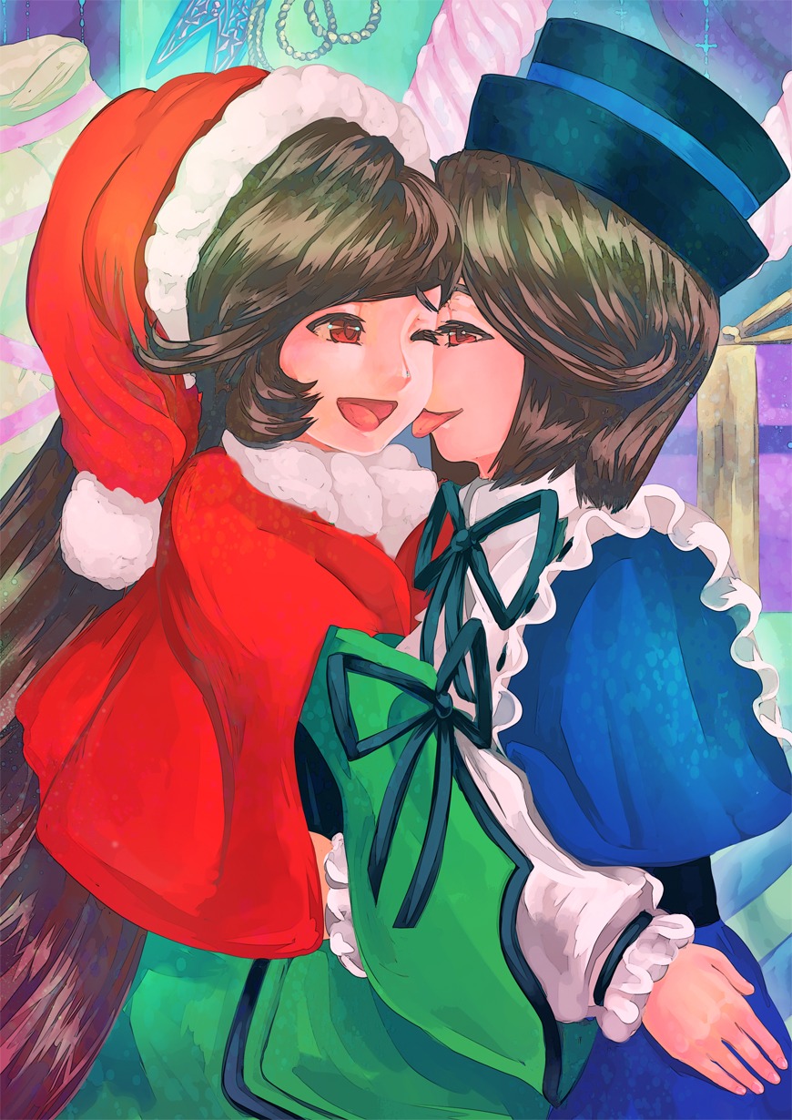 2girls brown_hair capelet dress frills green_dress hat image long_hair long_sleeves multiple_girls open_mouth pair red_eyes ribbon santa_hat short_hair smile souseiseki suiseiseki yuri