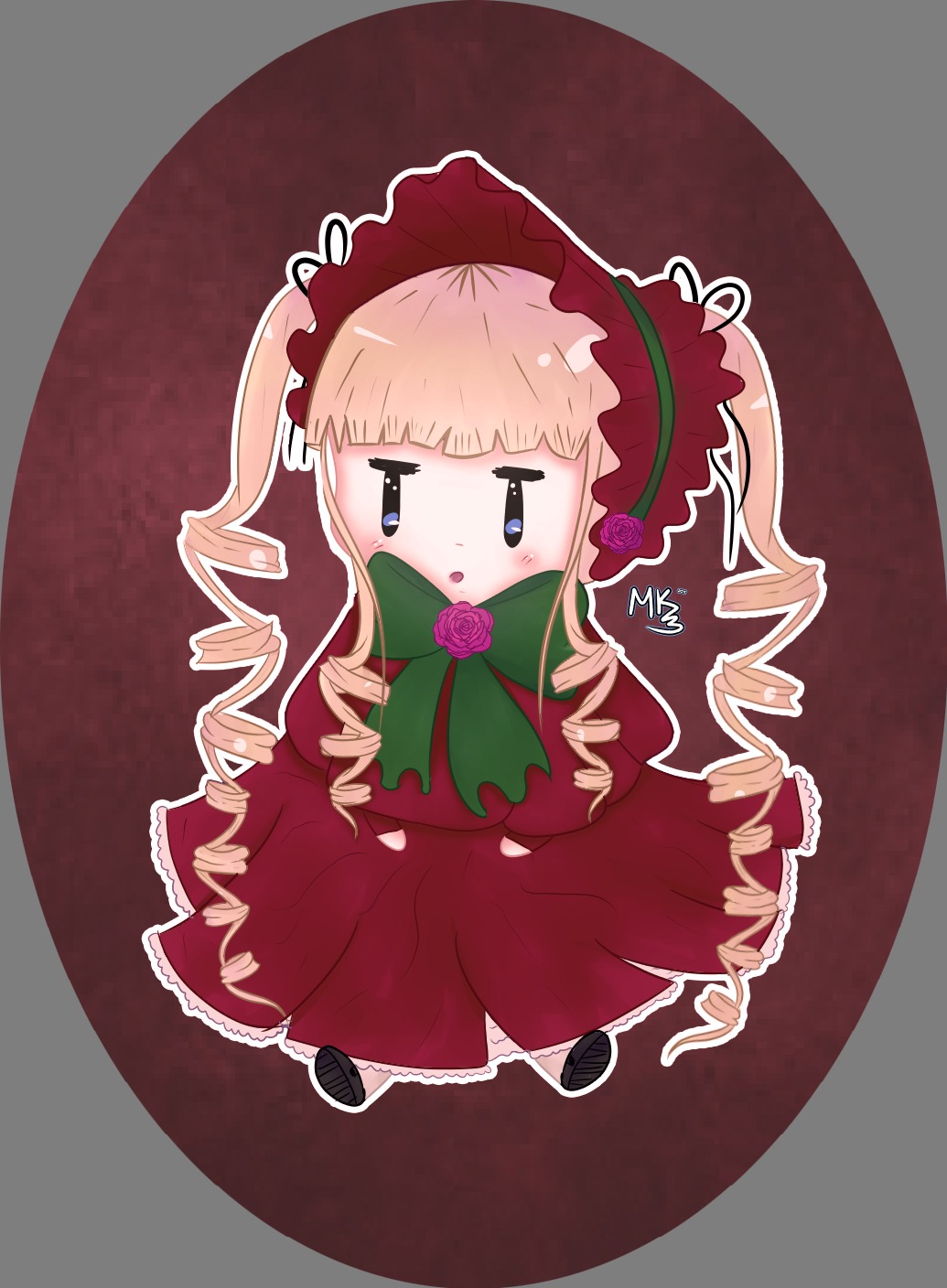 1girl blonde_hair blue_eyes blush bonnet bow chibi dress drill_hair flower full_body image long_hair long_sleeves open_mouth rose shinku solo twin_drills twintails