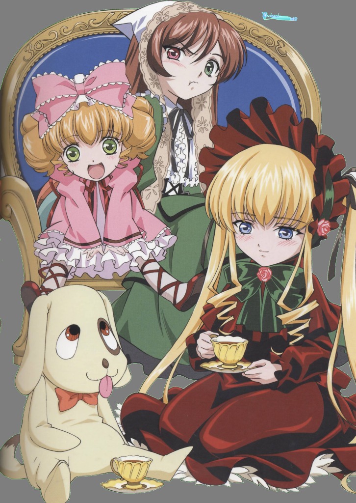 3girls :d blonde_hair blue_eyes bonnet bow bowtie brown_hair cup dress eating food frills green_eyes head_scarf hina_ichigo image long_hair long_sleeves multiple multiple_girls open_mouth pink_bow red_dress shinku siblings sitting suiseiseki tagme tea teacup very_long_hair