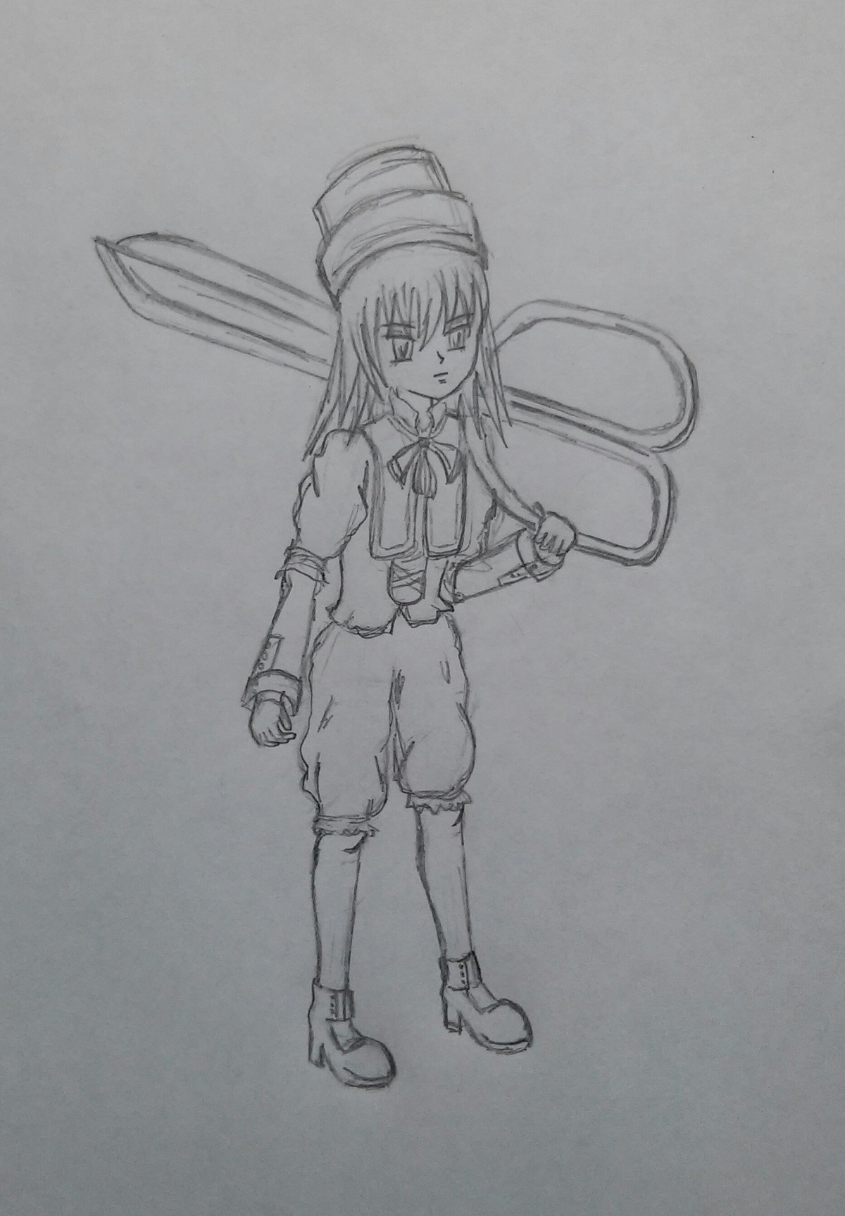 1girl boots full_body greyscale hat image long_hair long_sleeves monochrome solo souseiseki standing traditional_media