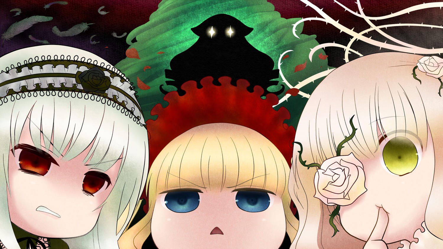 3girls bangs blonde_hair blue_eyes blunt_bangs bonnet face flower green_eyes image long_hair looking_at_viewer multiple multiple_girls petals red_eyes rose shinku suigintou tagme thorns white_flower white_hair white_rose