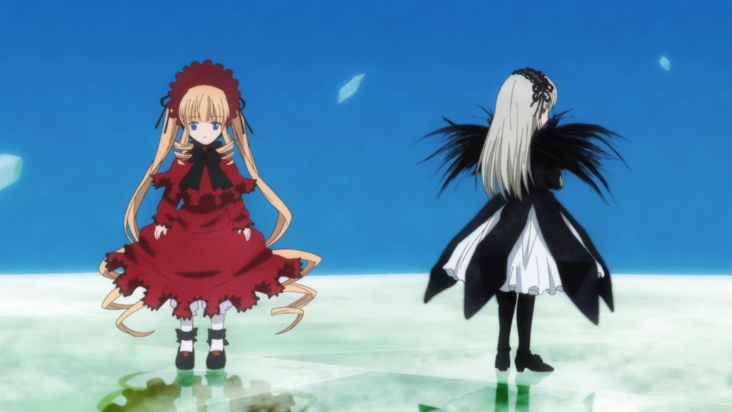 2girls auto_tagged blonde_hair blue_eyes dress flower frills image long_hair long_sleeves multiple_girls outdoors pair red_dress shinku shoes sky standing suigintou twintails very_long_hair wings