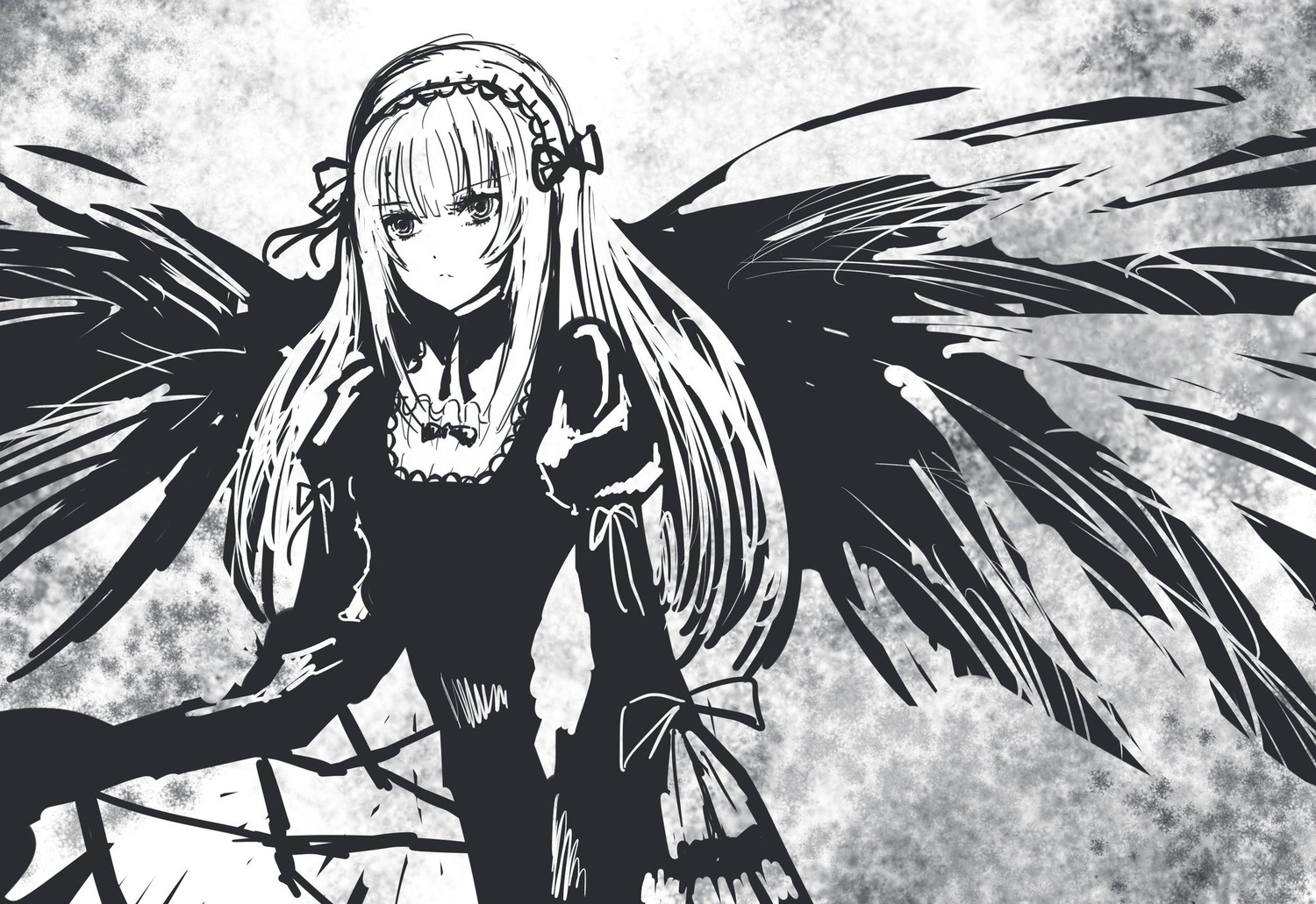 1girl black_wings closed_mouth dress eyebrows_visible_through_hair feathered_wings greyscale hairband image lolita_hairband long_hair long_sleeves looking_at_viewer monochrome ribbon solo suigintou very_long_hair wings