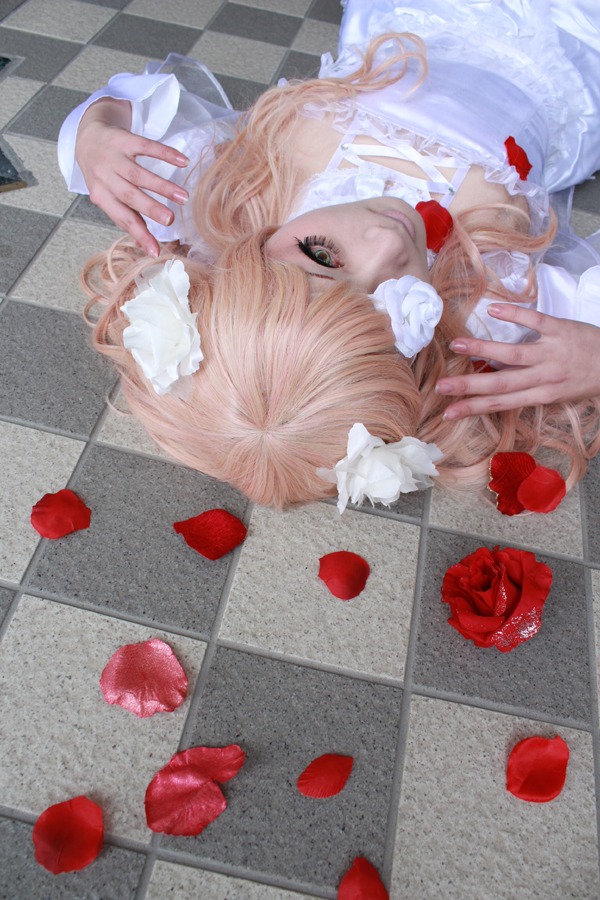 1girl argyle argyle_background argyle_legwear bathtub blonde_hair board_game checkered checkered_background checkered_floor chess_piece flower kirakishou lying on_back on_floor perspective petals red_flower red_rose rose rose_petals solo tile_floor tile_wall tiles water