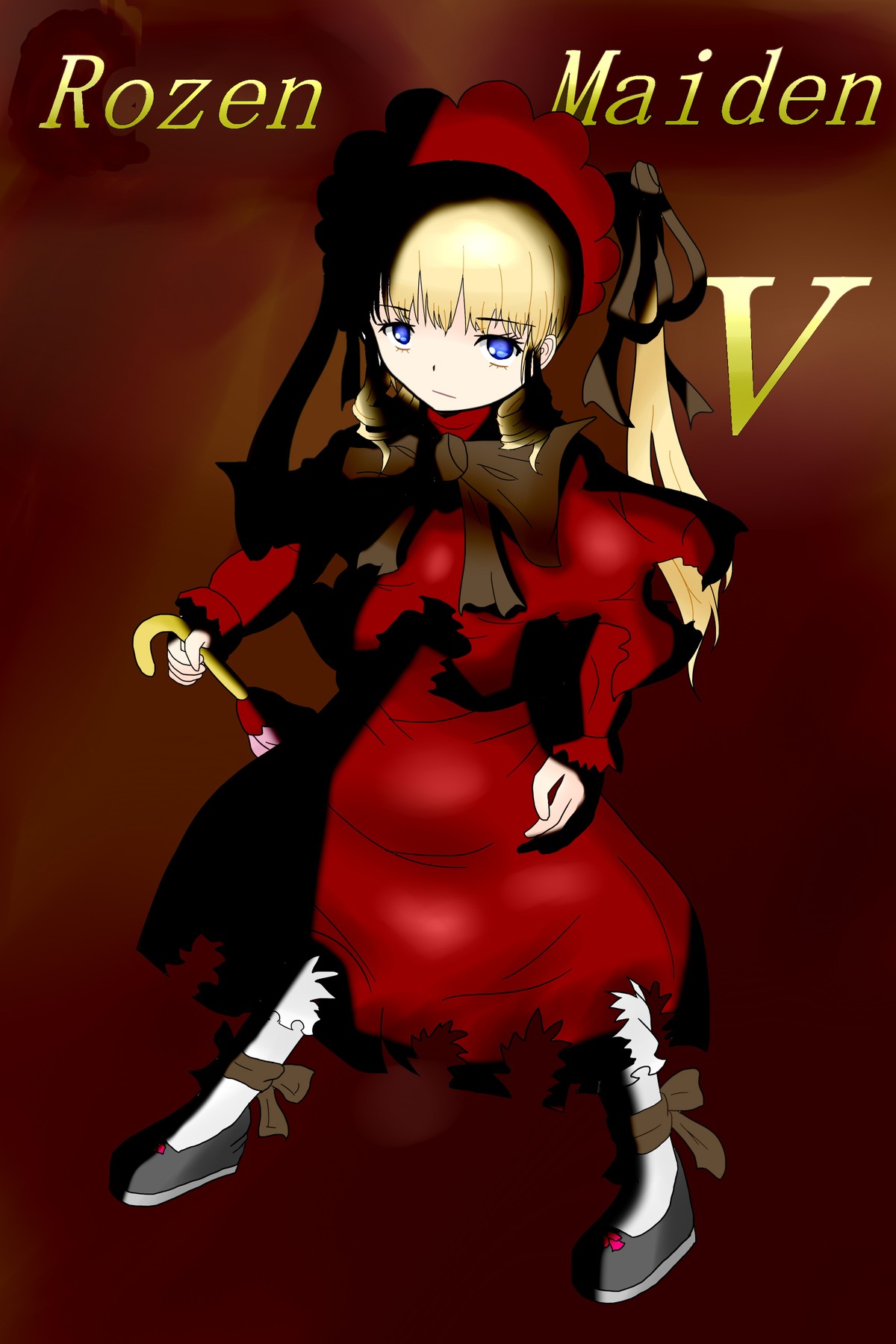 1girl bangs black_footwear blonde_hair blue_eyes bonnet bow dress full_body holding image long_hair long_sleeves looking_at_viewer red_capelet red_dress shinku shoes solo standing twintails