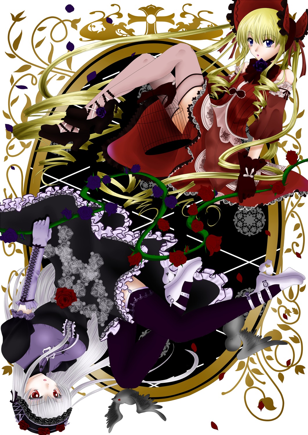 1girl blonde_hair bonnet dress flower frills gloves hairband image lolita_fashion long_hair pair red_eyes red_rose rose shinku suigintou thighhighs wings