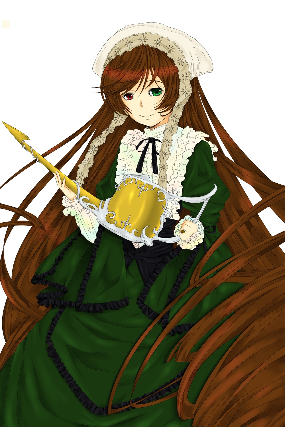 1girl brown_hair dress frills green_dress green_eyes hat heterochromia image long_hair long_sleeves looking_at_viewer red_eyes simple_background smile solo suiseiseki very_long_hair watering_can white_background