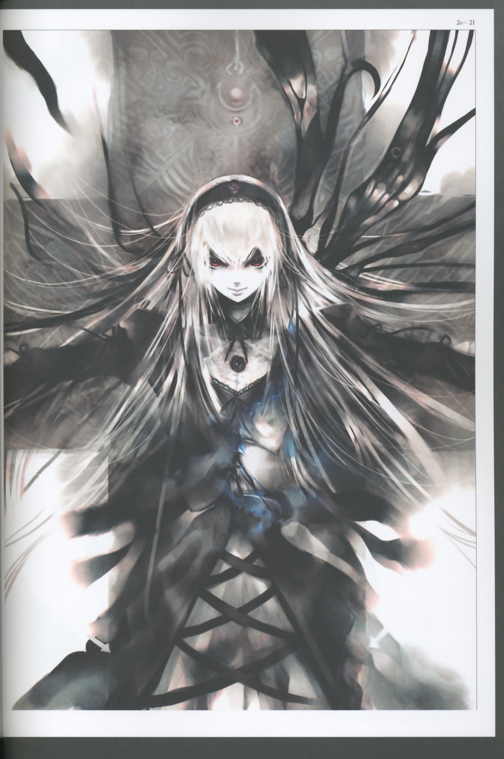 1girl black_dress black_wings dress flower frills hairband image long_hair long_sleeves looking_at_viewer rose solo suigintou very_long_hair wings