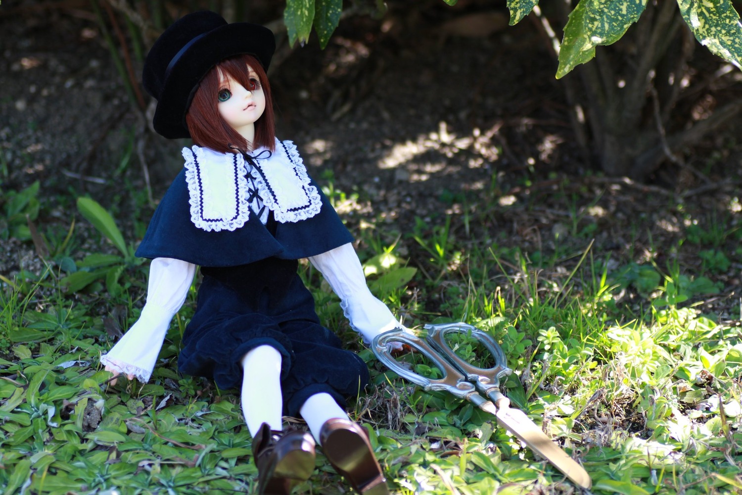 1girl boots brown_hair capelet doll dress dutch_angle hat long_sleeves outdoors plant short_hair sitting solo souseiseki