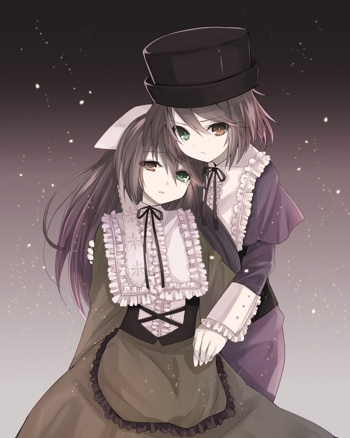 brown_hair dress frills green_eyes hat image long_hair long_sleeves looking_at_viewer pair ribbon souseiseki star_(sky) suiseiseki top_hat