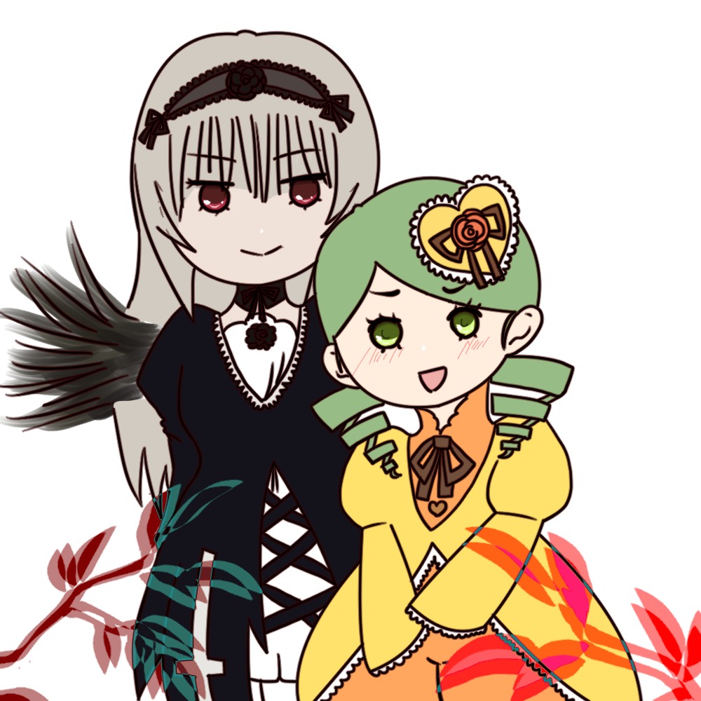 2girls black_wings blush dress flower frills green_eyes green_hair hairband image kanaria long_hair long_sleeves looking_at_viewer multiple_girls open_mouth pair puffy_sleeves red_eyes ribbon simple_background smile suigintou white_background wings