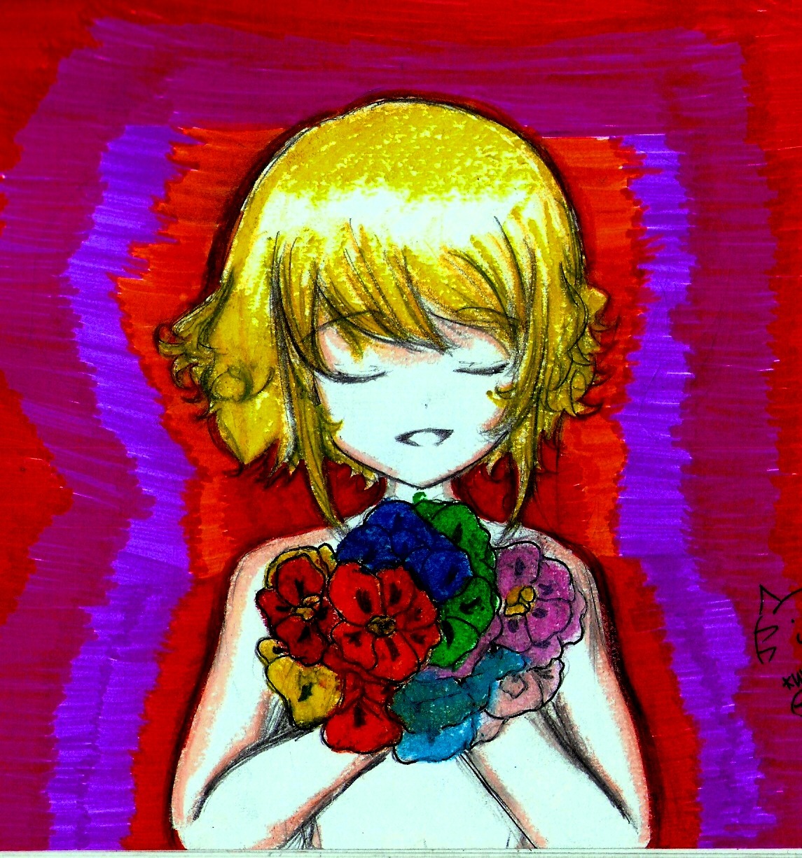 1girl blonde_hair bouquet closed_eyes flower hinaichigo holding image red_background red_flower red_rose rose short_hair smile solo traditional_media upper_body