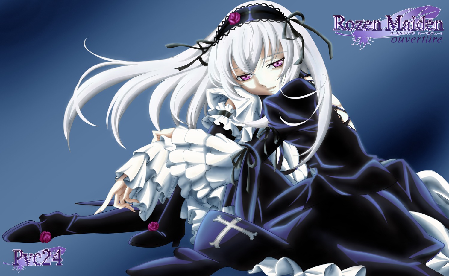 1girl blue_background character_name copyright_name dress flower frilled_sleeves frills hairband image lolita_fashion lolita_hairband long_hair long_sleeves ribbon rose silver_hair solo suigintou weapon wings