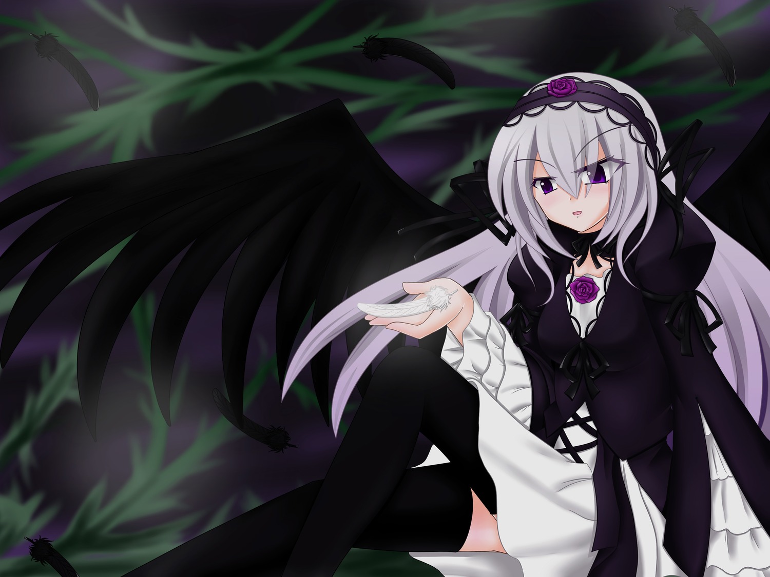 1girl black_legwear black_wings dress feathers flower frills gothic_lolita hairband image lolita_fashion lolita_hairband long_hair long_sleeves purple_eyes purple_flower rose silver_hair solo suigintou thighhighs wings