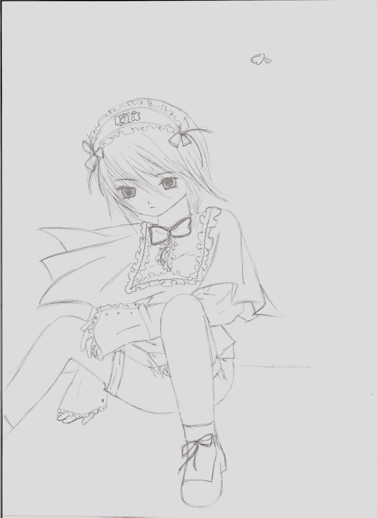 1girl auto_tagged capelet greyscale image looking_at_viewer monochrome puffy_sleeves ribbon short_hair sitting sketch solo suigintou