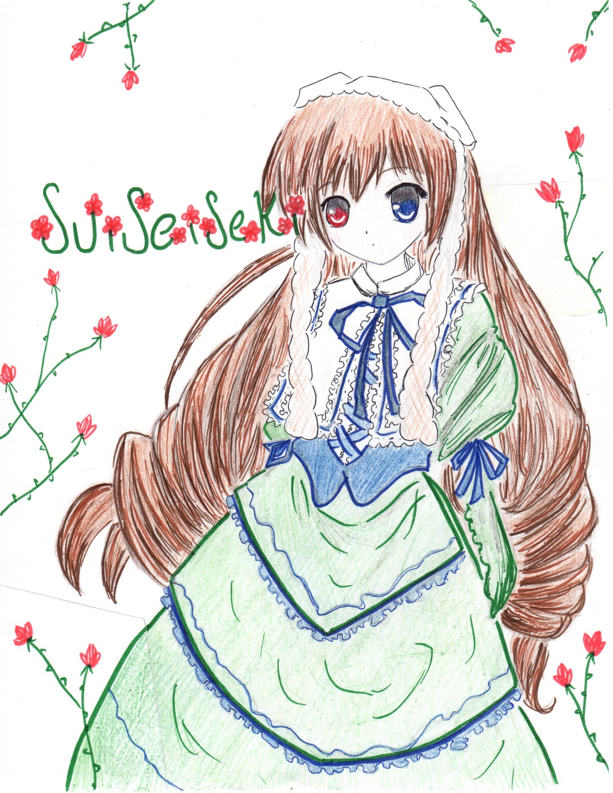 1girl blue_dress brown_hair dress drill_hair flower frills hat heterochromia image long_hair long_sleeves looking_at_viewer plant red_eyes red_flower ribbon rose solo suiseiseki twin_drills very_long_hair watering_can white_background