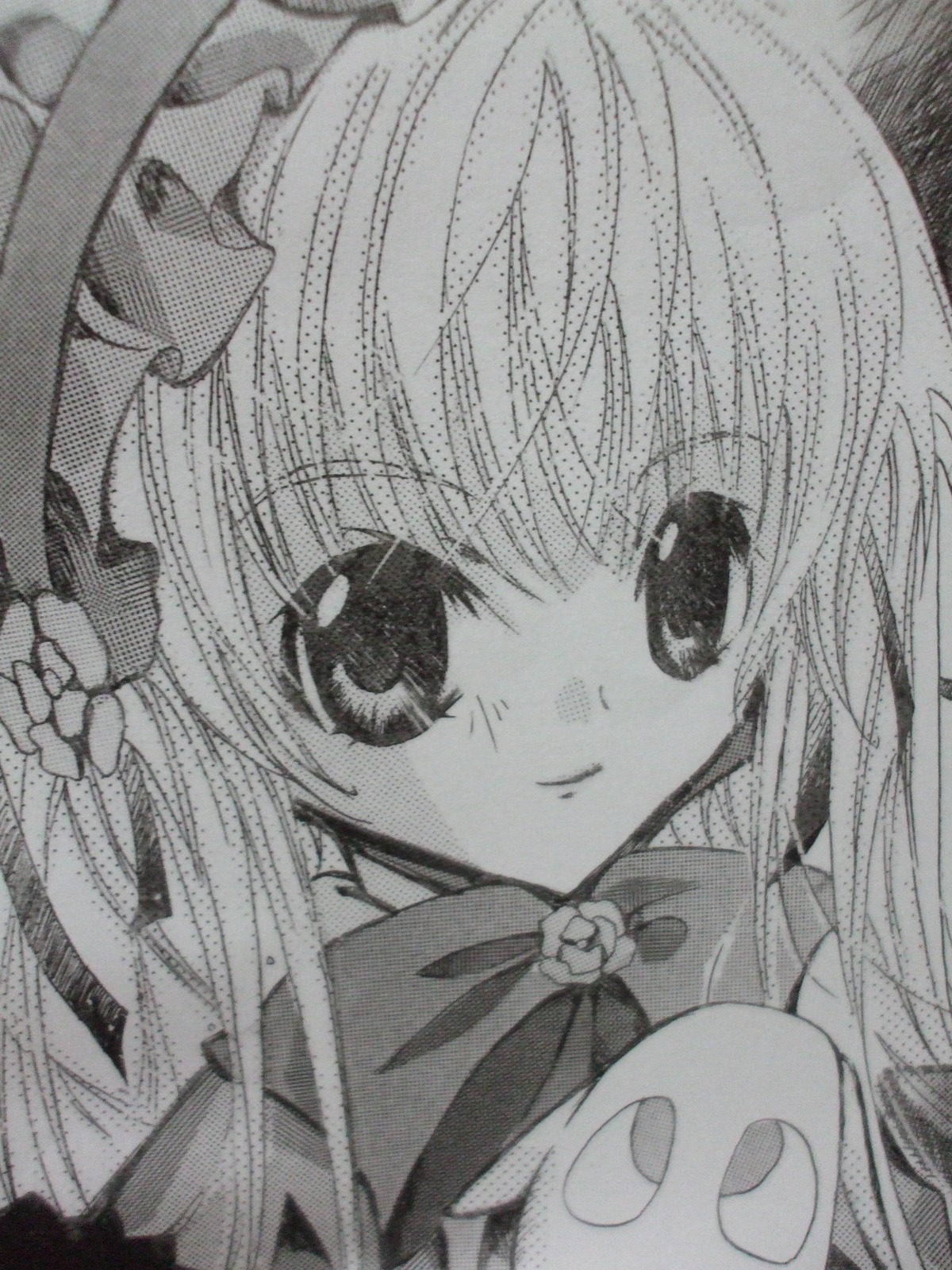 1girl close-up flower greyscale hat image long_hair looking_at_viewer monochrome ribbon shinku simple_background smile solo traditional_media