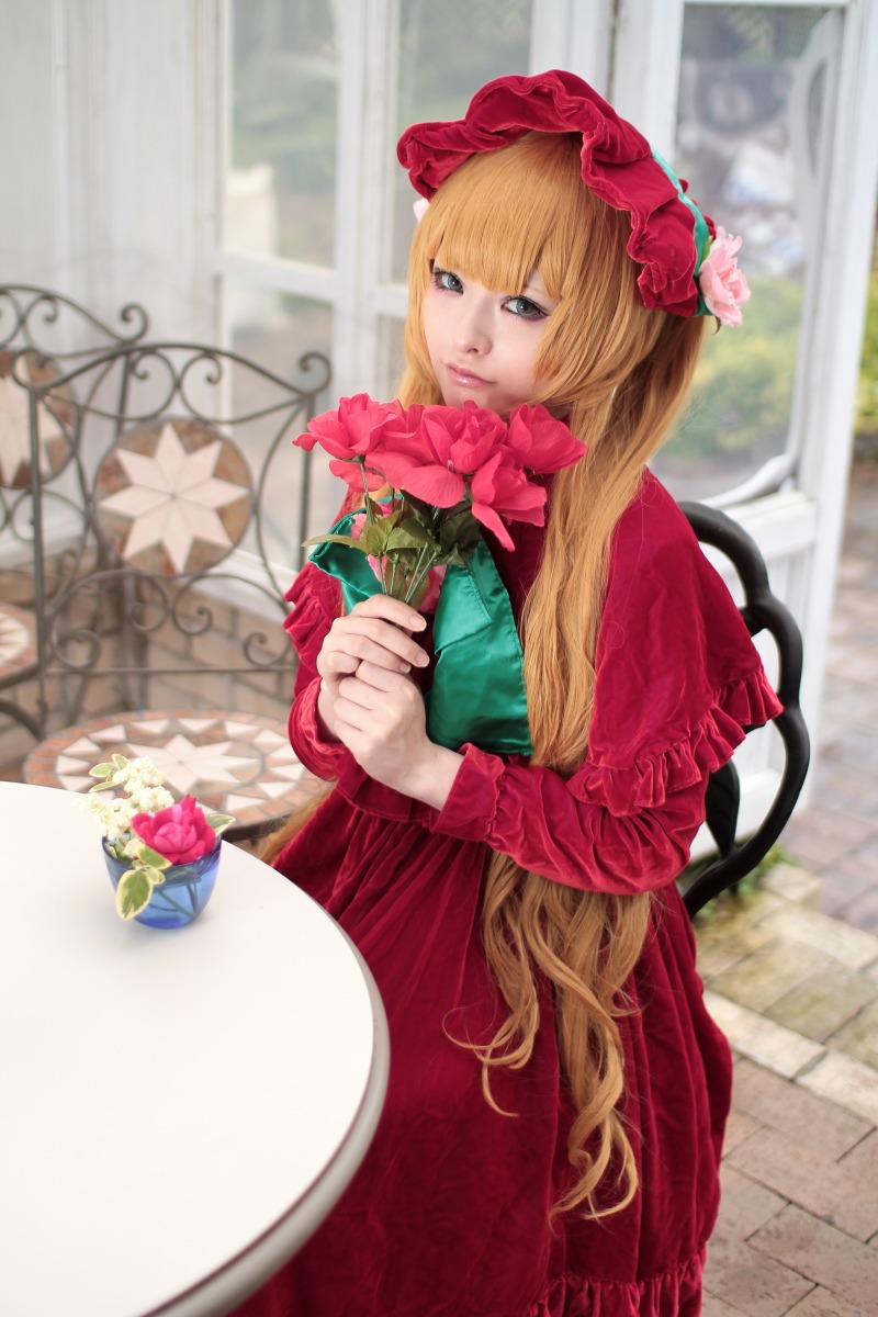 1girl bangs basket blonde_hair blurry bonnet depth_of_field dress flower long_hair long_sleeves red_dress rose shinku solo very_long_hair