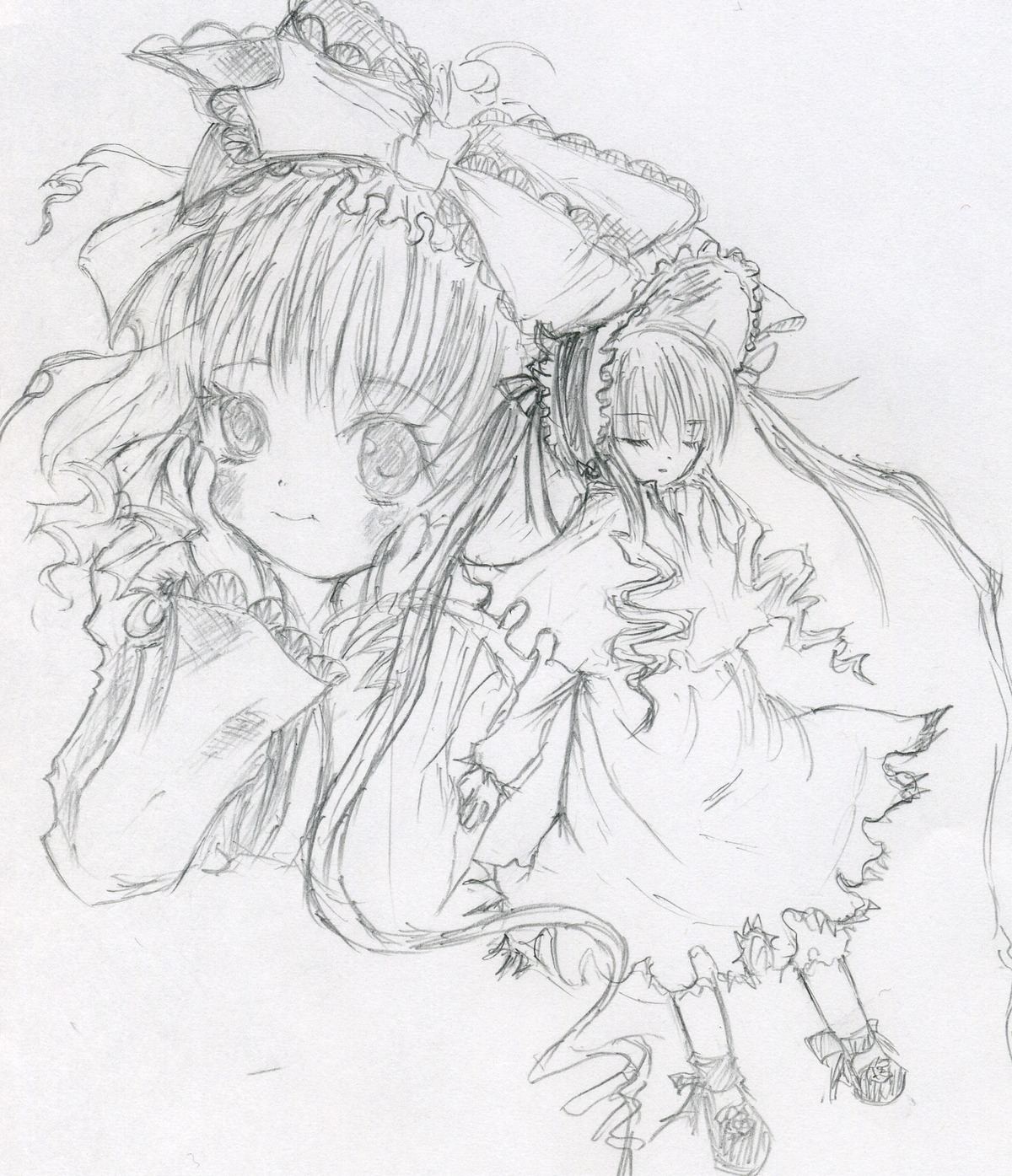 1girl bow frills full_body greyscale hair_bow hakurei_reimu hinaichigo image long_hair long_sleeves looking_at_viewer monochrome pair shinku sketch solo torn_clothes traditional_media