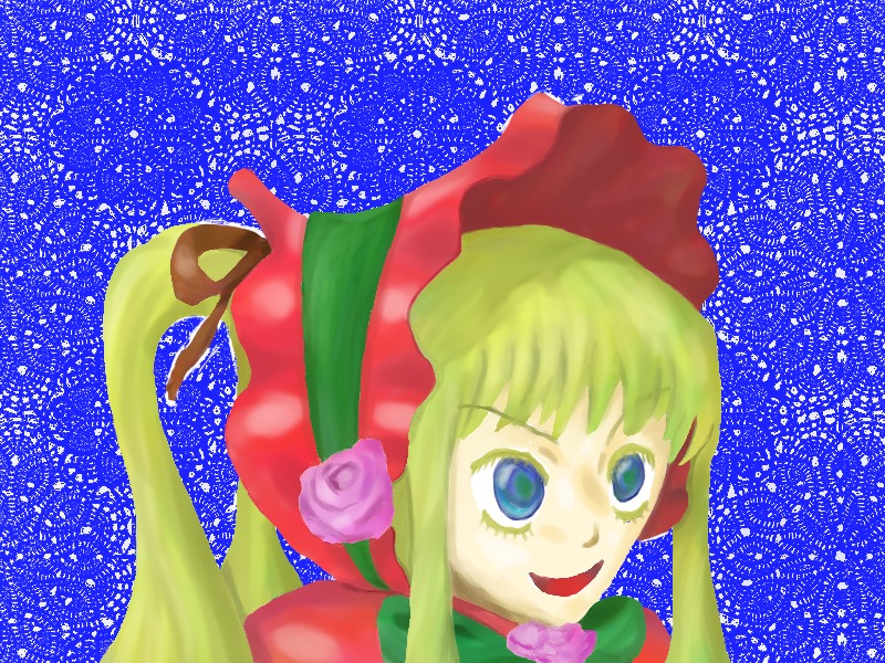 1girl :d blonde_hair blue_background blue_eyes bonnet flower image long_hair open_mouth pink_flower pink_rose red_flower red_rose rose shinku smile solo