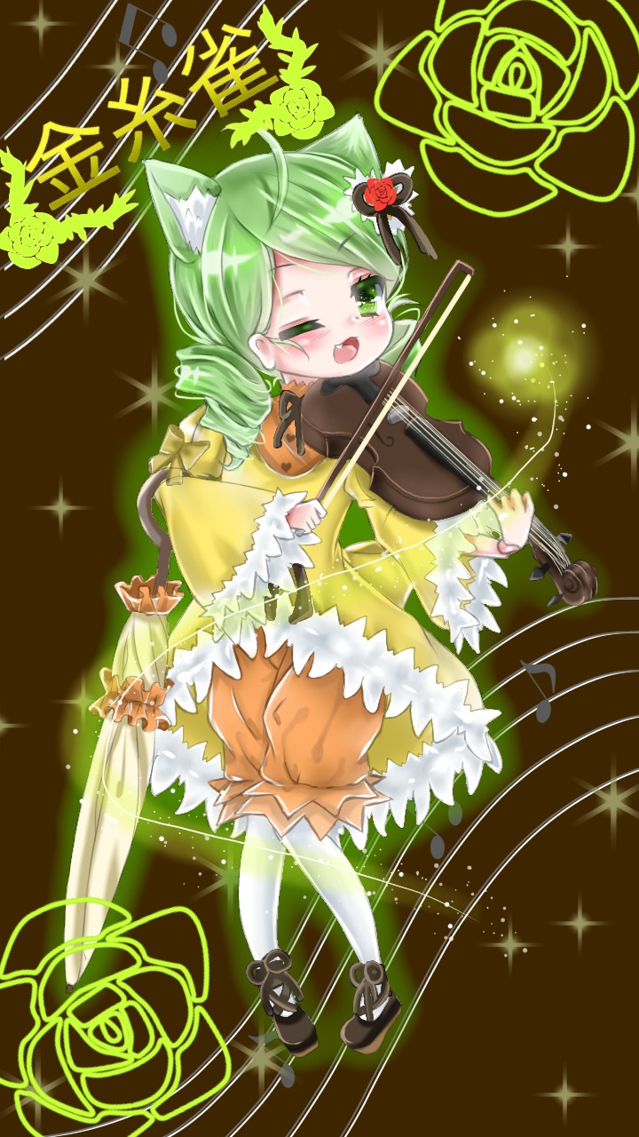 1girl ahoge animal_ears blush bow cat_ears dress fang flower full_body fur_trim green_eyes green_hair hair_ornament image instrument kanaria long_hair long_sleeves music musical_note one_eye_closed open_mouth playing_instrument red_flower red_rose rose smile solo sparkle standing violin white_legwear