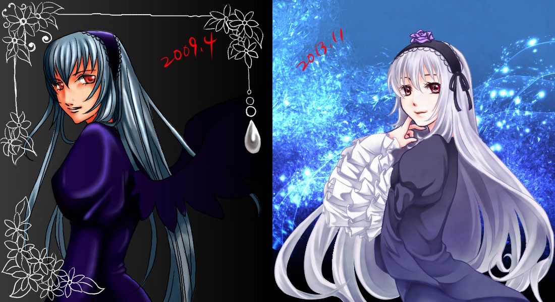 1girl black_wings dress flower frills hairband image long_hair long_sleeves looking_at_viewer looking_back multiple_views red_eyes silver_hair solo suigintou very_long_hair wings