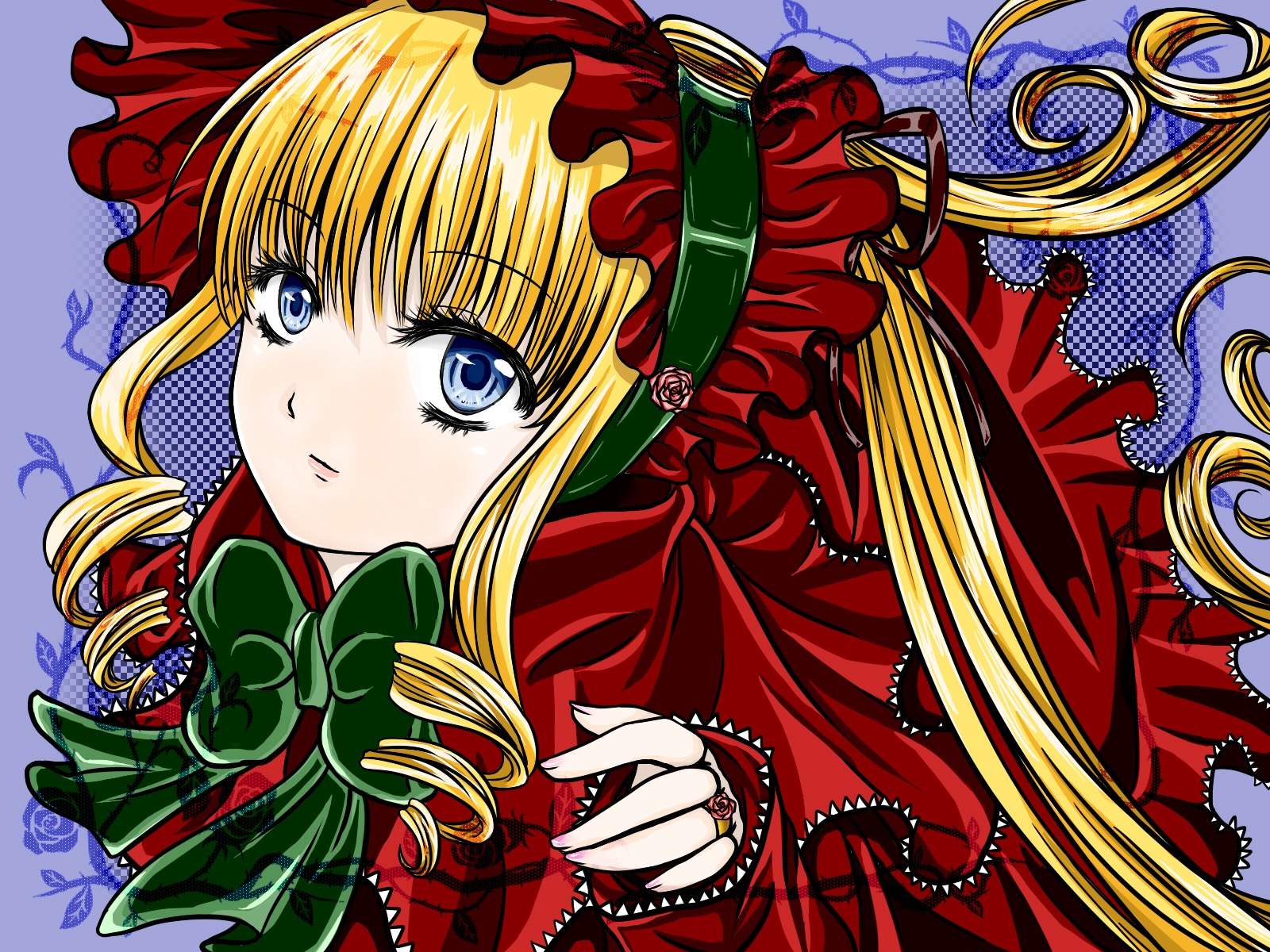 1girl blonde_hair blue_eyes blush bonnet bow bowtie dress drill_hair flower frills green_bow image long_hair looking_at_viewer rose shinku solo