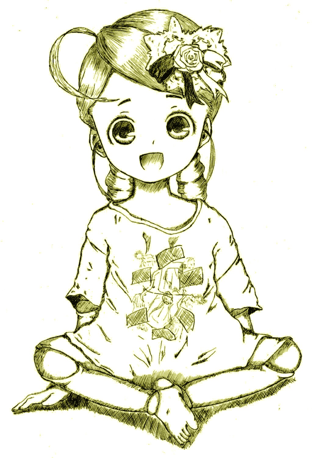 1girl :d ahoge flower hair_ornament image kanaria monochrome open_mouth shirt sitting smile solo striped t-shirt