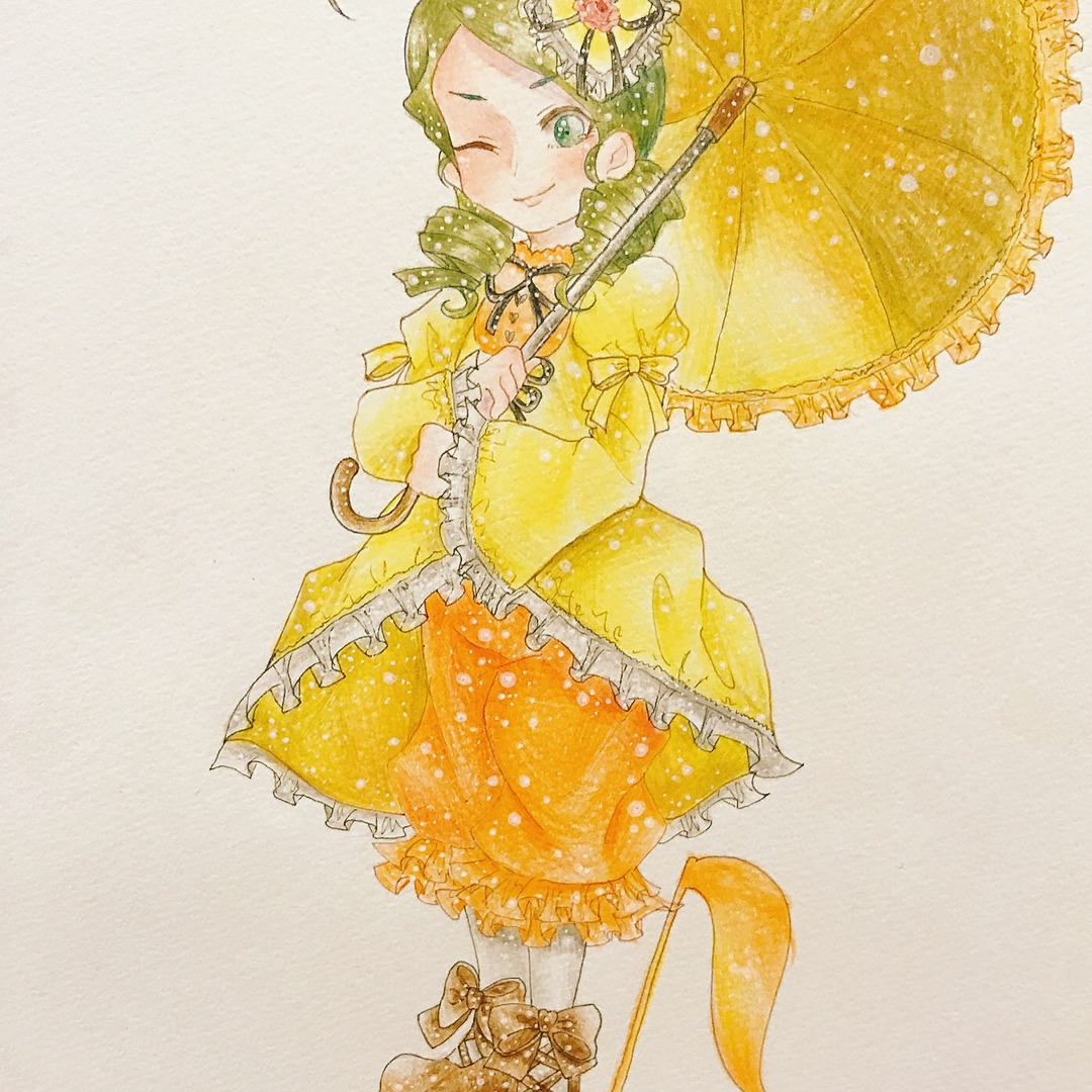 1girl ahoge blonde_hair dress drill_hair flower frills green_eyes green_hair holding holding_umbrella image kanaria long_hair long_sleeves one_eye_closed parasol personification polka_dot red_umbrella smile solo transparent_umbrella twin_drills umbrella yellow_dress yellow_footwear