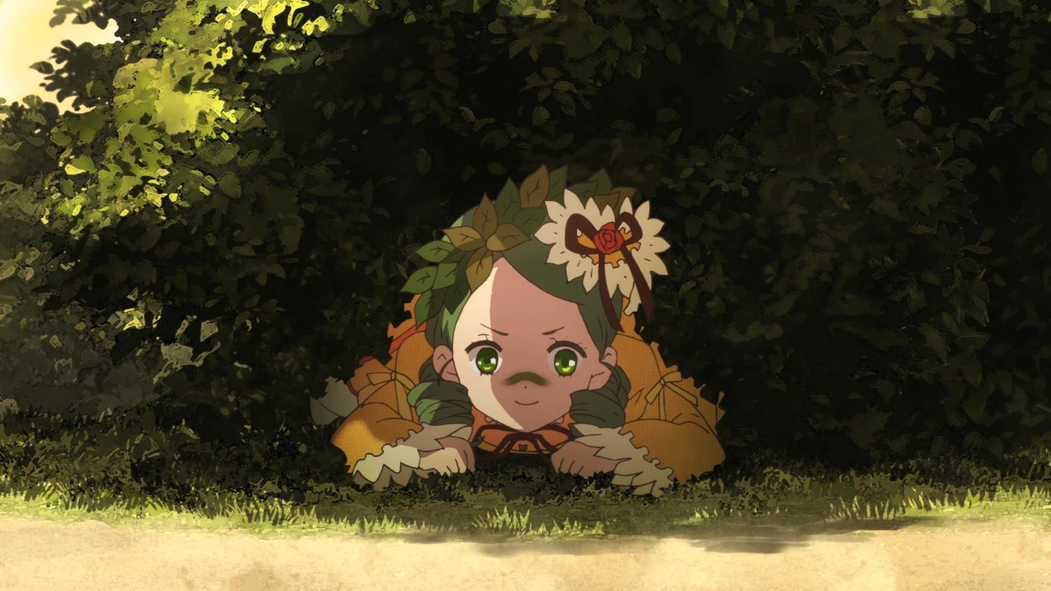 1girl dark_skin flower grass green_eyes hair_flower hair_ornament image kanaria lying on_ground solo