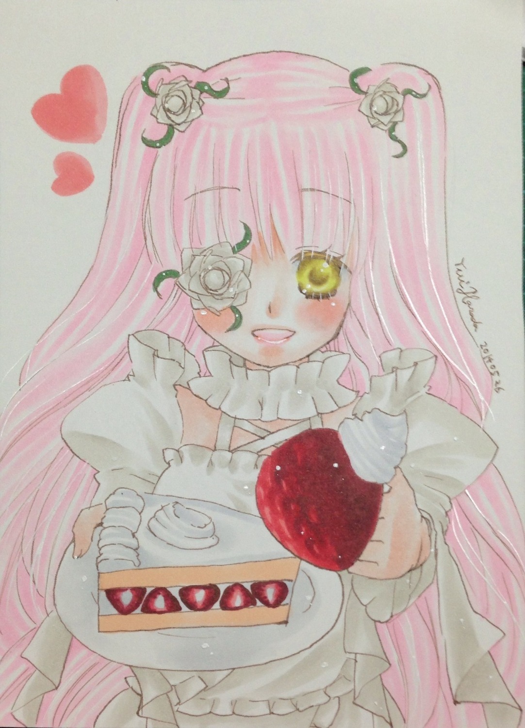 1girl cake dress eyepatch flower food frills fruit hair_flower hair_ornament heart image kirakishou long_hair marker_(medium) pink_hair rose smile solo strawberry striped traditional_media white_flower white_rose yellow_eyes