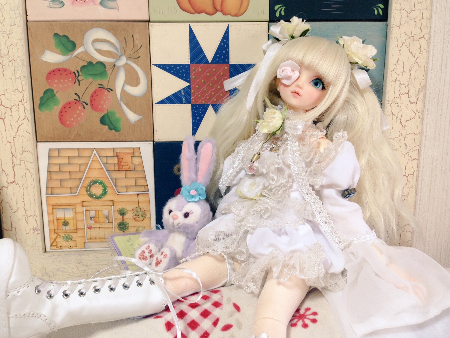 1girl apple blonde_hair blue_eyes bunny doll dress eyepatch flower food fruit hair_flower hair_ornament kirakishou lace long_hair rose sitting solo stuffed_animal underwear white_flower