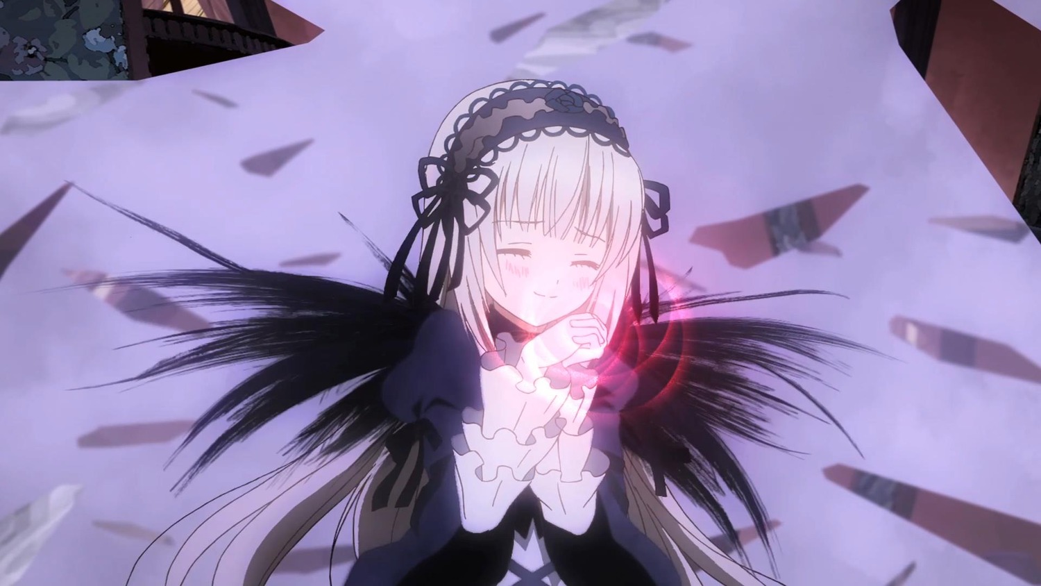 1girl black_dress black_ribbon black_wings building closed_eyes closed_mouth dress flower frilled_sleeves frills hairband image long_hair long_sleeves outdoors ribbon silver_hair smile solo suigintou very_long_hair wings