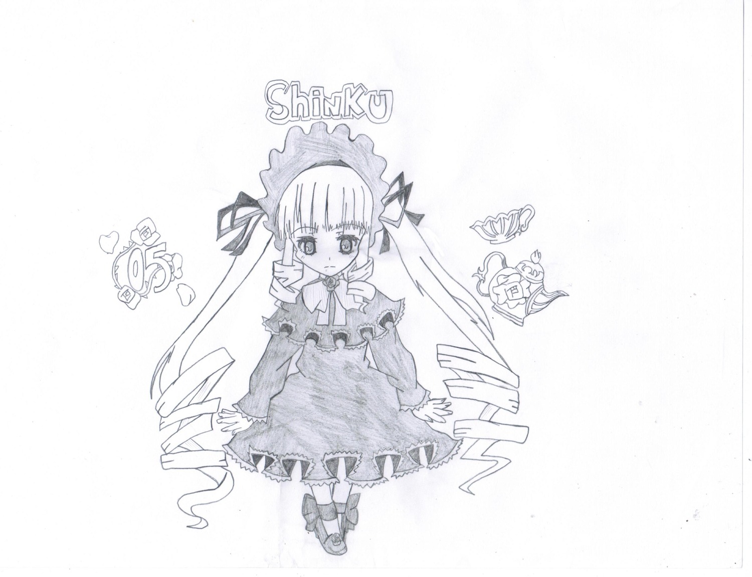 1girl blush dress drill_hair frills full_body image long_hair long_sleeves looking_at_viewer monochrome shinku shoes solo standing twintails very_long_hair