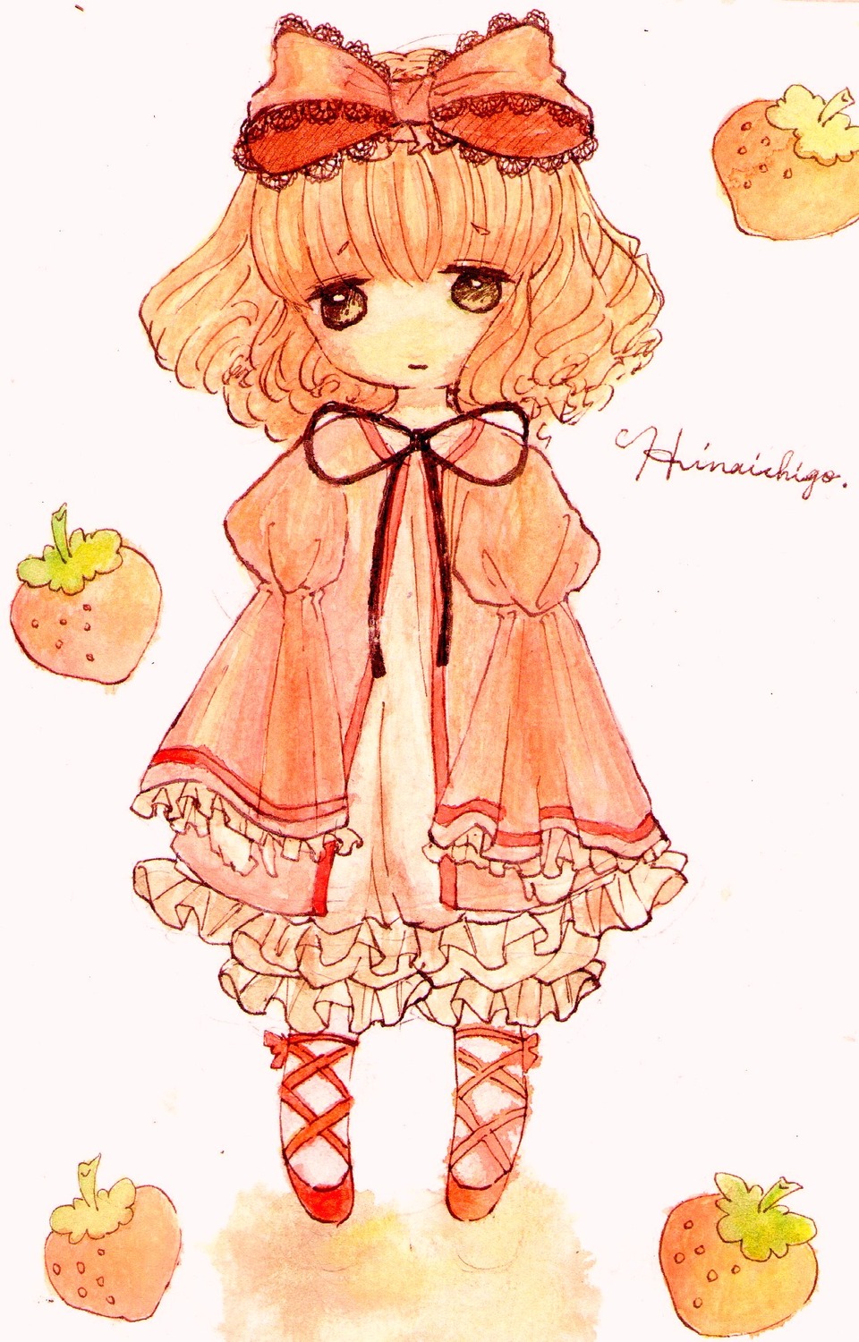 1girl auto_tagged blonde_hair bow dress food frills fruit hair_bow hinaichigo image juliet_sleeves long_sleeves looking_at_viewer puffy_sleeves short_hair solo strawberry striped striped_background traditional_media