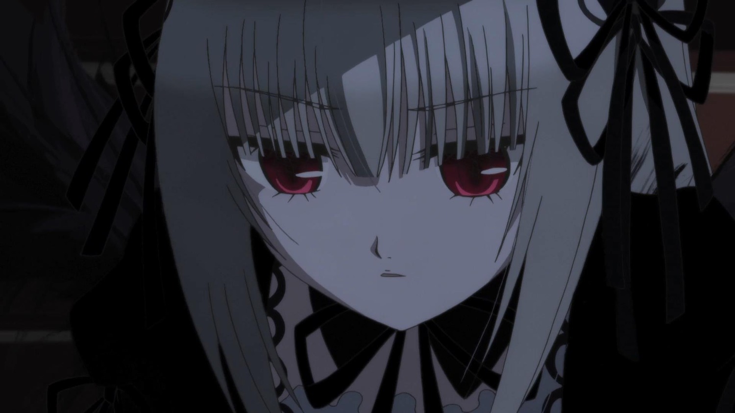 1girl bangs black_ribbon closed_mouth dress expressionless eyebrows_visible_through_hair hair_ribbon image long_hair looking_at_viewer red_eyes ribbon solo suigintou