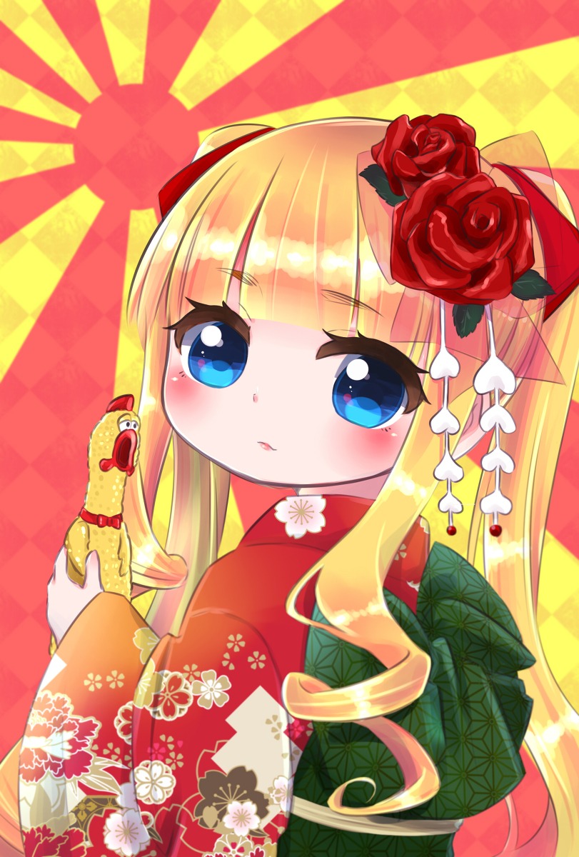 1girl argyle argyle_background bangs blonde_hair blue_eyes blush checkered checkered_background checkered_floor eyebrows_visible_through_hair floral_print flower hair_flower hair_ornament image japanese_clothes kimono long_hair looking_at_viewer new_year pink_rose print_kimono red_flower red_kimono red_rose rose shinku solo upper_body