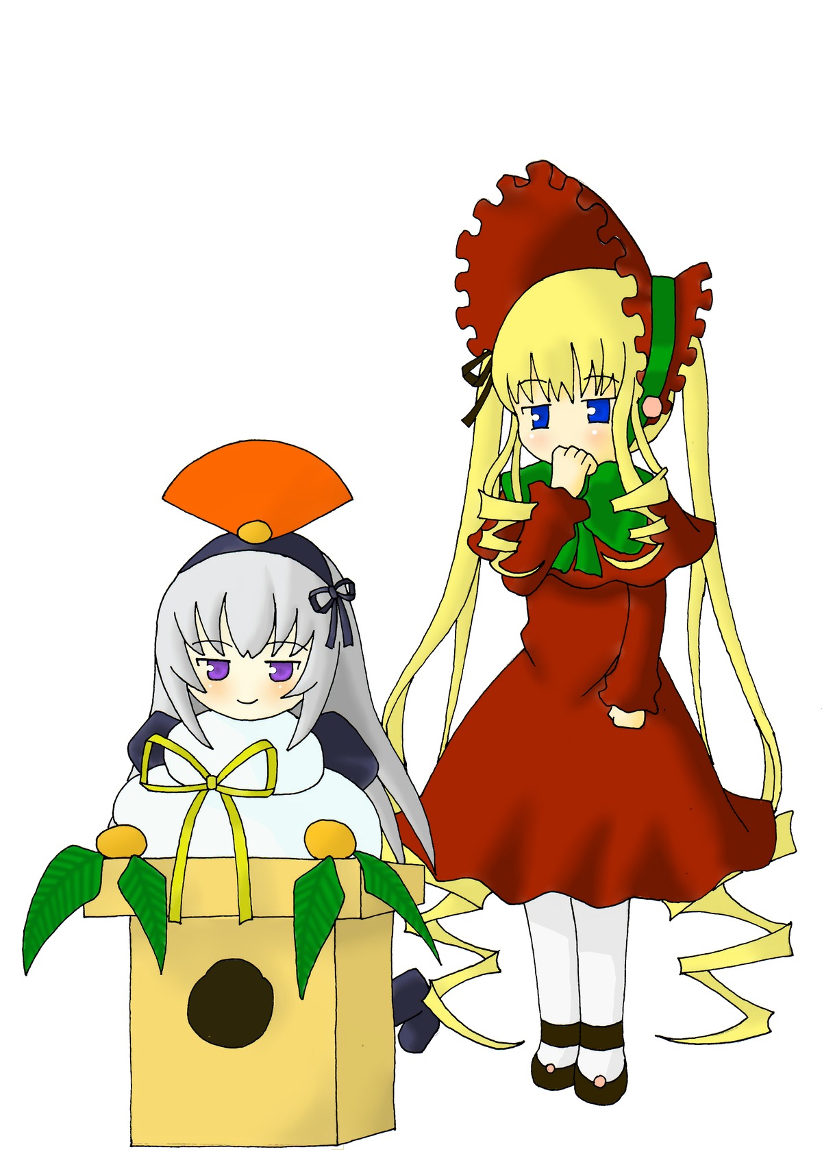 2girls blonde_hair blue_eyes blush bonnet box dress image long_hair long_sleeves multiple_girls pair purple_eyes red_dress shinku simple_background standing suigintou suitcase very_long_hair