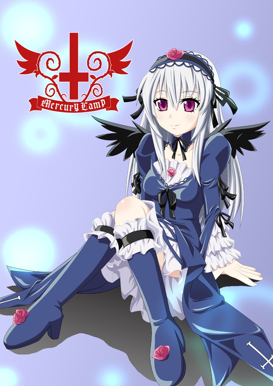 1girl black_wings blush boots breasts detached_collar dress flower frills hairband high_heels image knee_boots long_hair long_sleeves looking_at_viewer rose silver_hair sitting solo suigintou wings