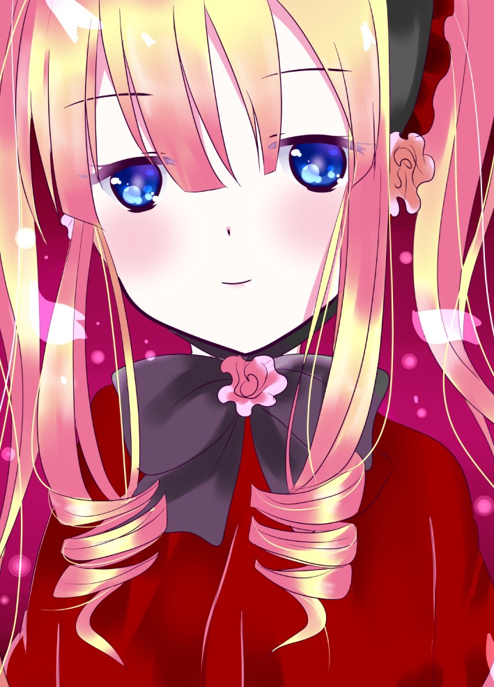 1girl black_ribbon blonde_hair blue_eyes blush bow closed_mouth drill_hair eyebrows_visible_through_hair image long_hair looking_at_viewer ringlets rose shinku smile solo twin_drills twintails