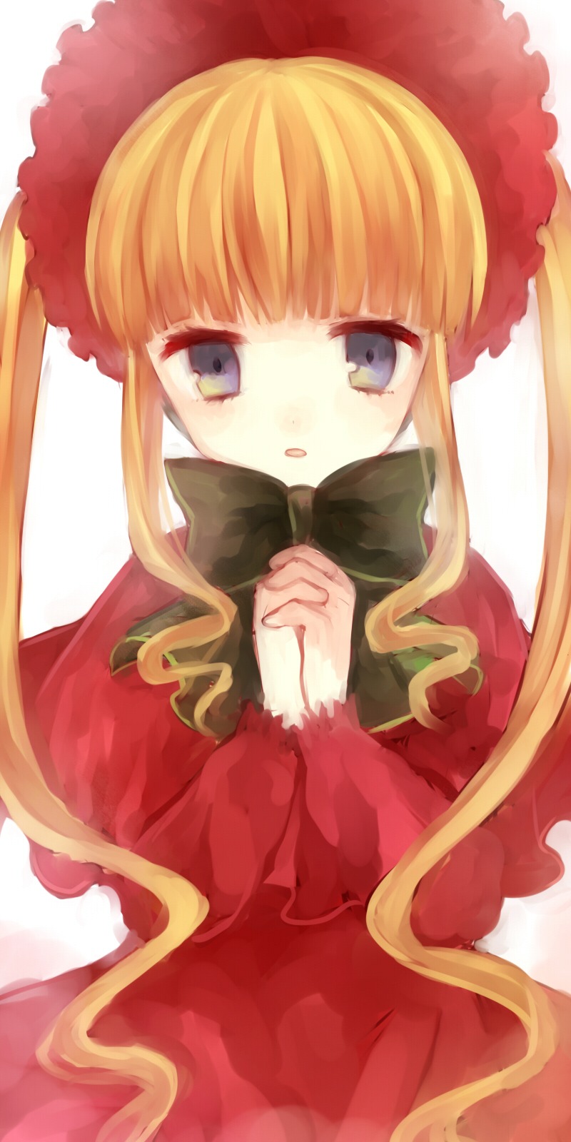 1girl bangs blonde_hair blue_eyes bonnet bow dress flower image long_hair long_sleeves looking_at_viewer red_dress shinku sidelocks solo twintails