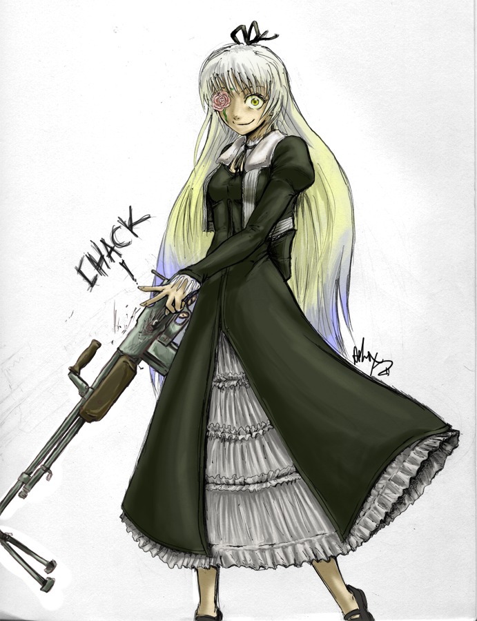 1girl black_dress dress full_body gun image kirakishou long_hair long_sleeves smile solo weapon yellow_eyes