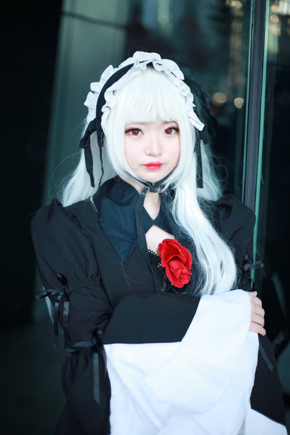 1girl blurry blurry_background flower gloves lips long_hair looking_at_viewer maid_headdress pale_skin photo red_eyes red_flower rose solo suigintou white_hair