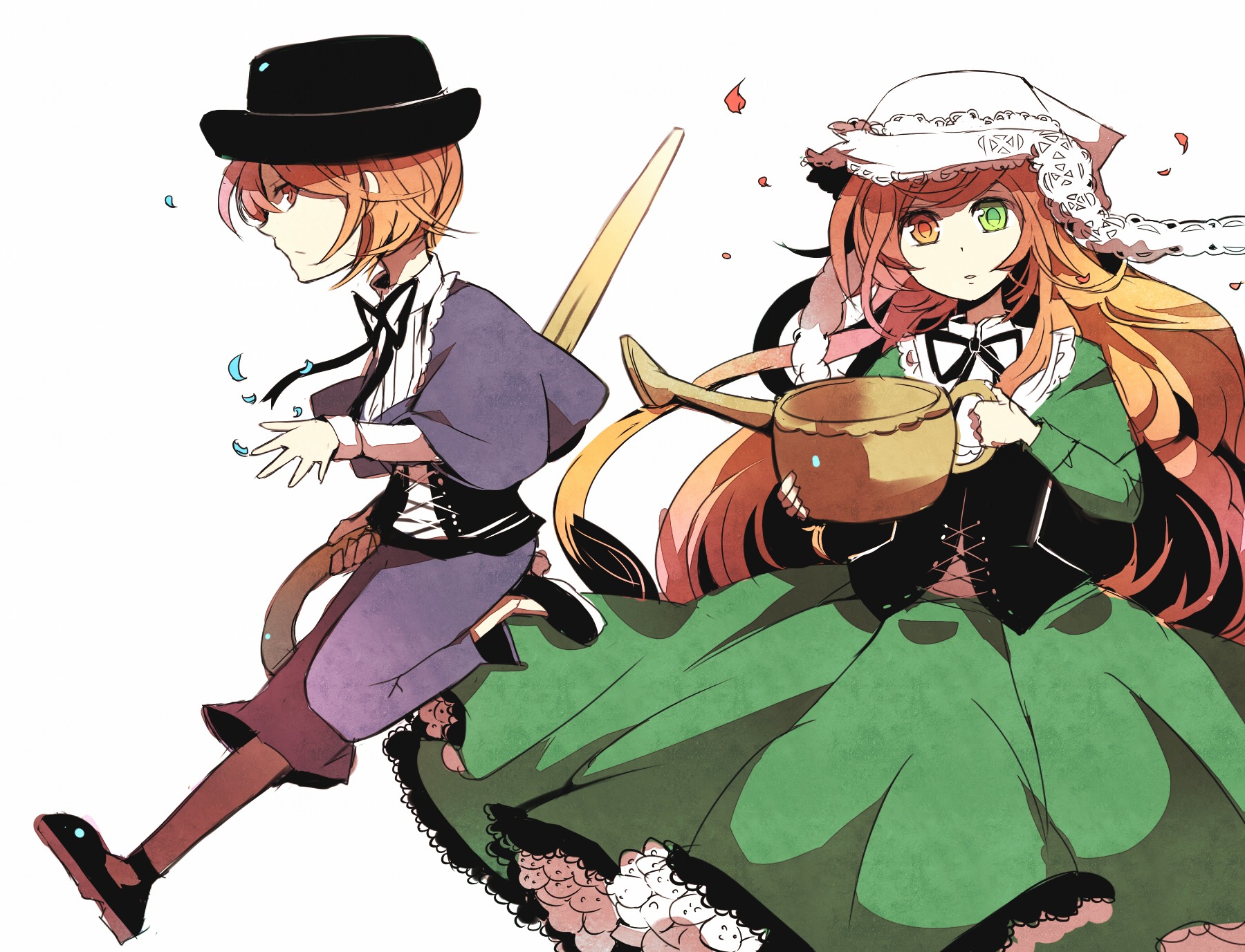 2girls brown_eyes brown_hair dress green_eyes hat heterochromia image long_hair multiple_girls musical_note orange_hair pair petals ribbon short_hair souseiseki suiseiseki