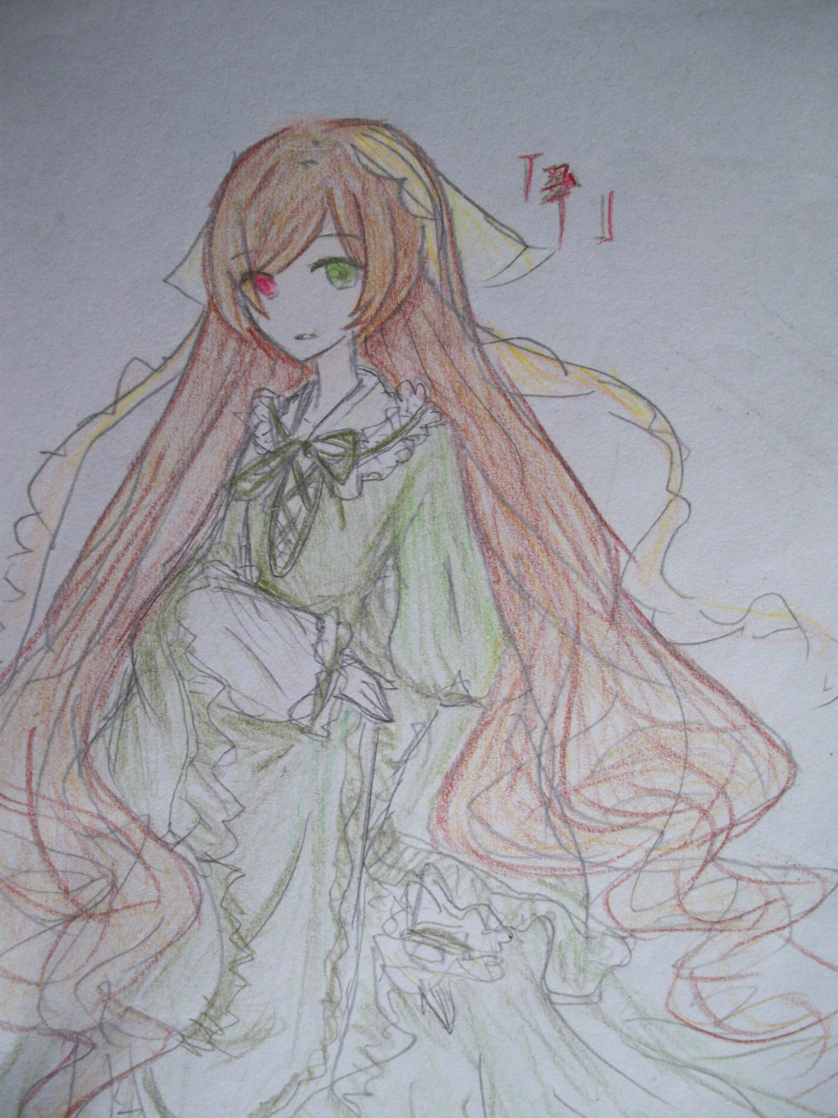 1girl brown_hair dress expressionless green_dress green_eyes heterochromia image long_hair long_sleeves looking_at_viewer red_eyes solo suiseiseki traditional_media very_long_hair watercolor_(medium)