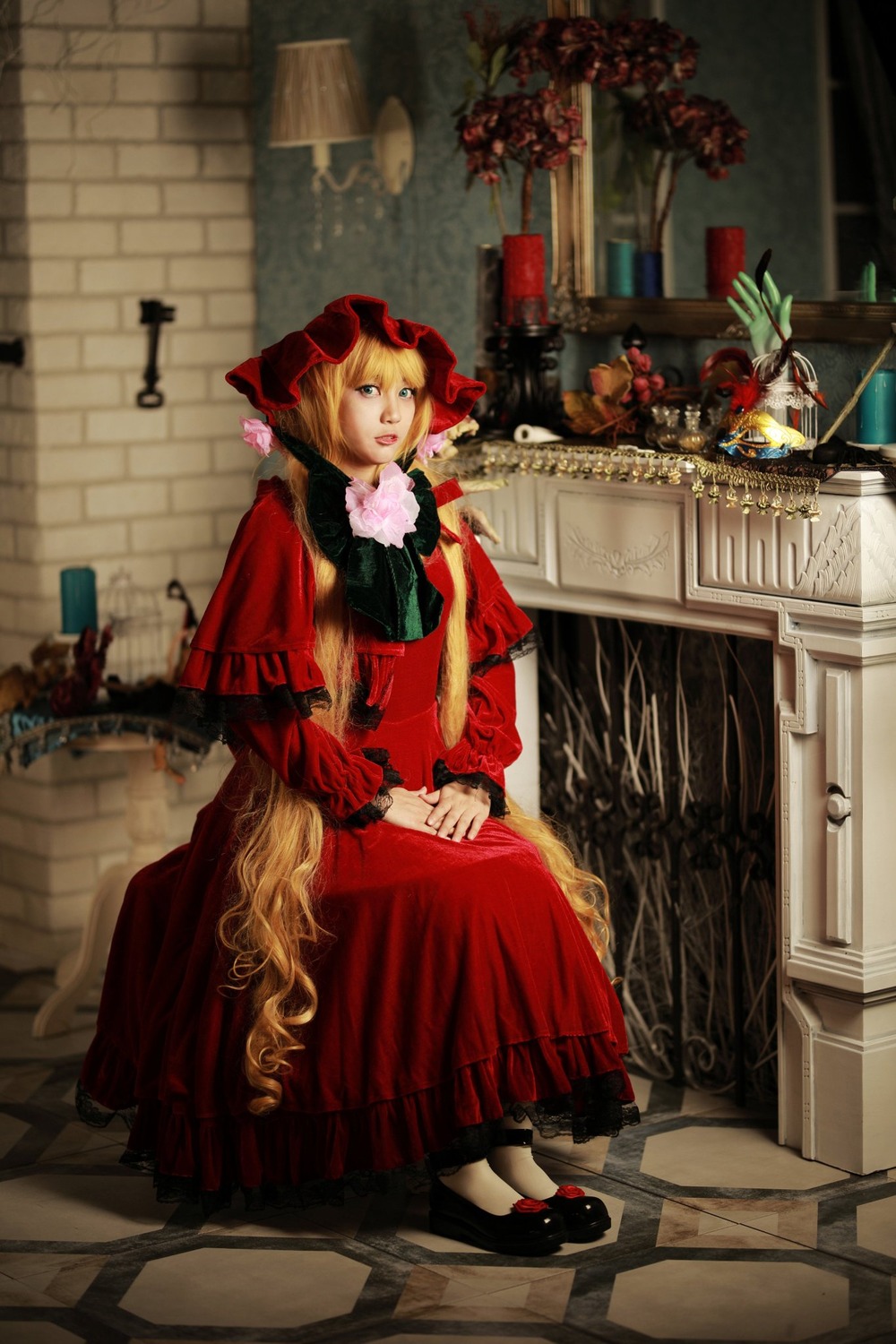 1girl blonde_hair blue_eyes bonnet dress flower indoors red_dress shinku shoes sitting solo