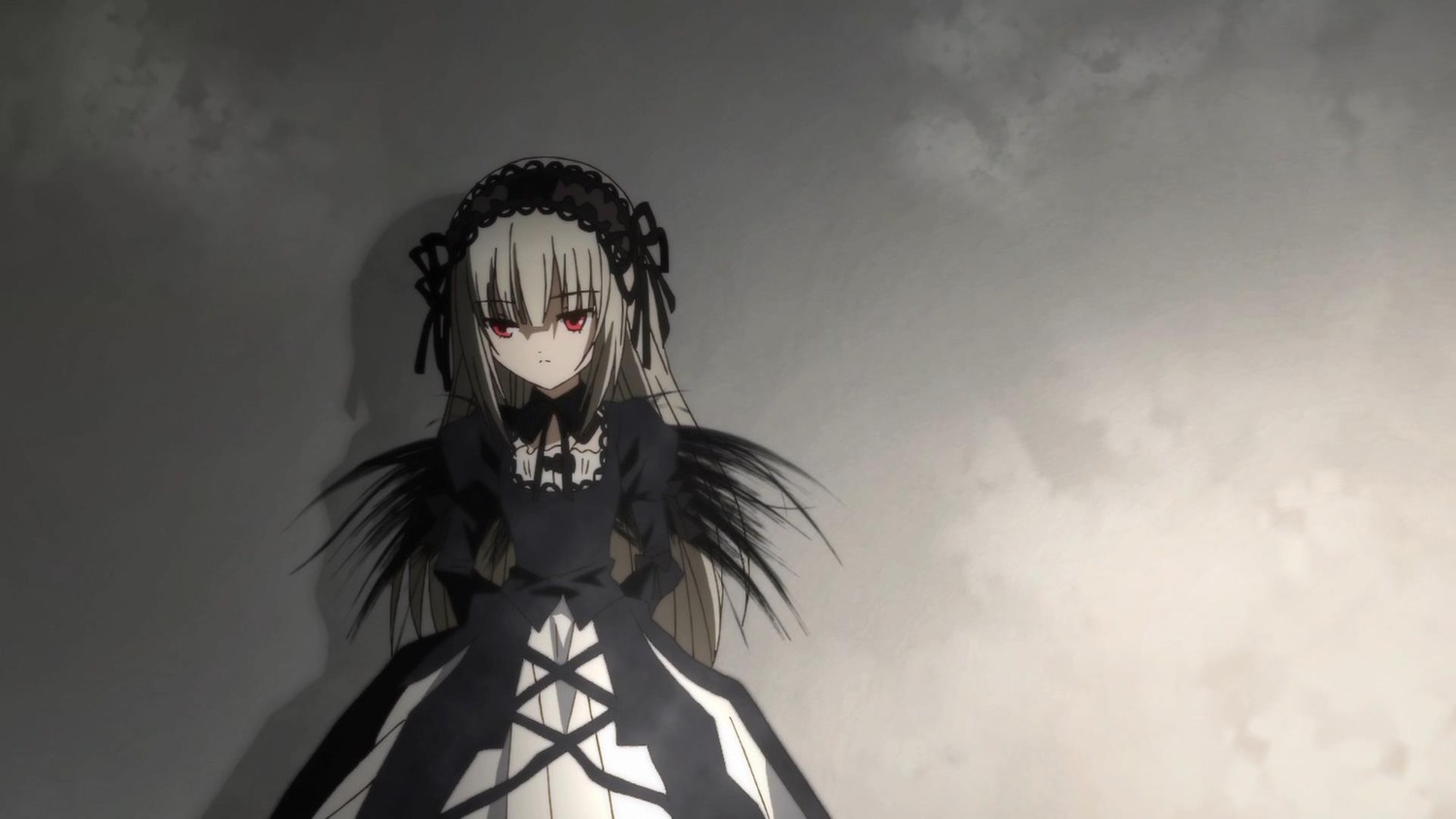 1girl black_dress black_ribbon black_wings closed_mouth dress flower hairband image juliet_sleeves long_hair long_sleeves looking_at_viewer puffy_sleeves red_eyes ribbon rose silver_hair solo suigintou wings