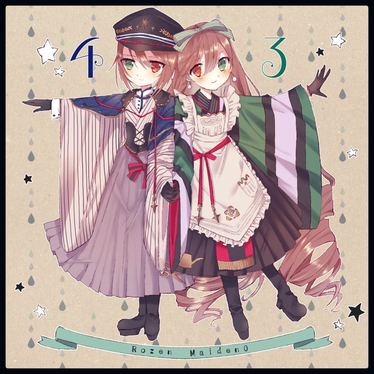 2girls apron black_footwear black_gloves black_headwear boots brown_hair closed_mouth dress drill_hair earrings full_body gloves green_eyes hat heterochromia image japanese_clothes jewelry long_hair long_sleeves looking_at_viewer lush multiple_girls outstretched_arm pair red_eyes siblings sisters smile souseiseki star_(symbol) star_earrings starfish starry_background striped suiseiseki twins very_long_hair wide_sleeves