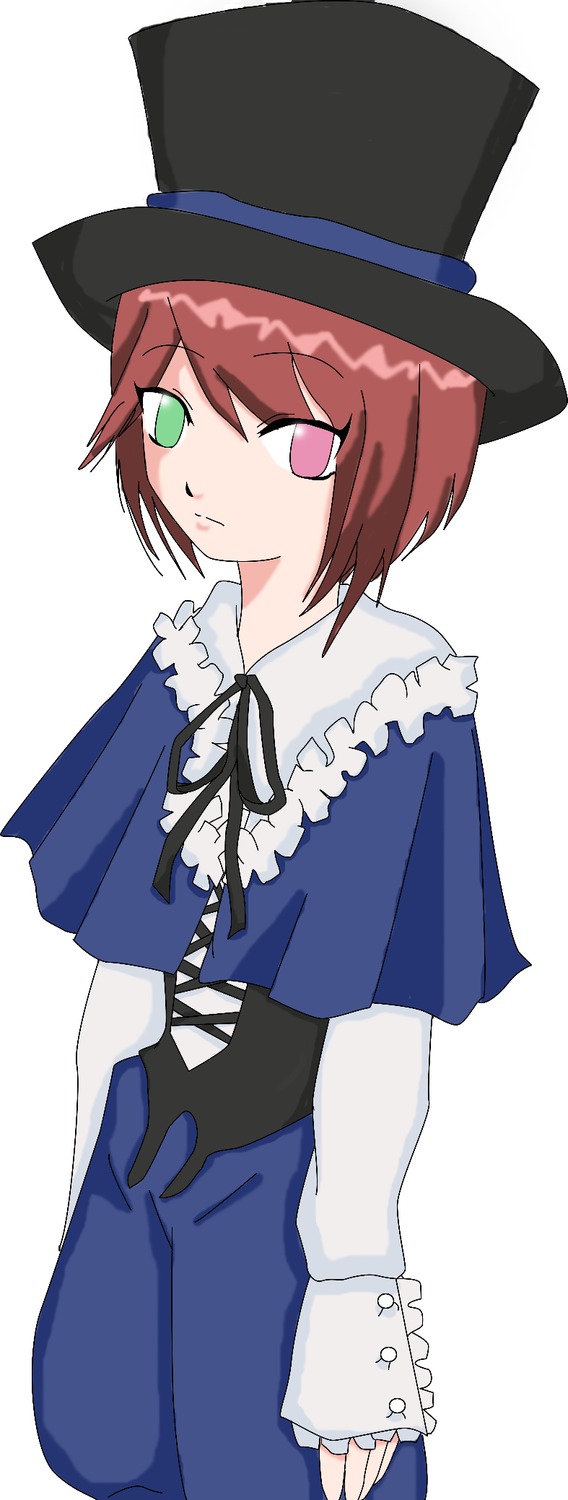 1girl blue_dress brown_hair capelet green_eyes hat heterochromia image long_sleeves looking_at_viewer red_eyes ribbon short_hair solo souseiseki standing top_hat white_background