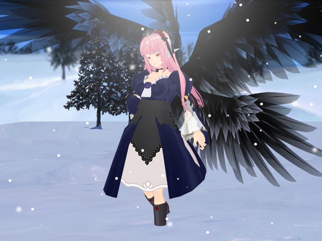 1girl bangs black_wings dress feathered_wings image jewelry long_dress long_hair looking_at_viewer pink_hair snow solo suigintou very_long_hair wings